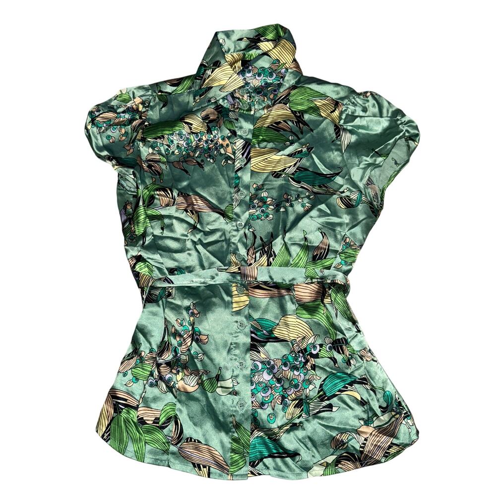 Y2K BCBG Max Azria Blouse Women's Size XS Green Floral Button Front Collared